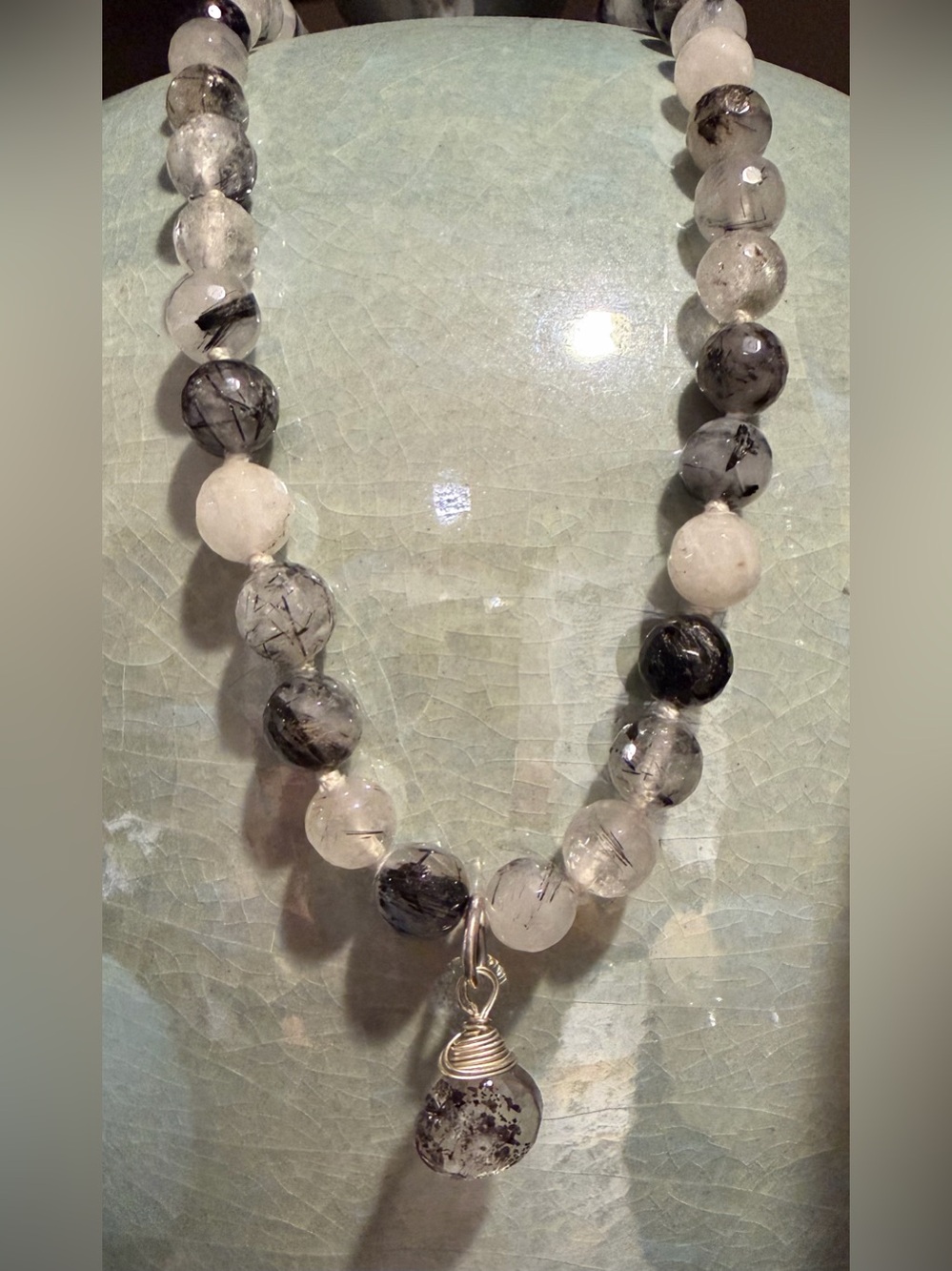 Handcrafted Black and White Rutilated Quartz Beaded Necklace